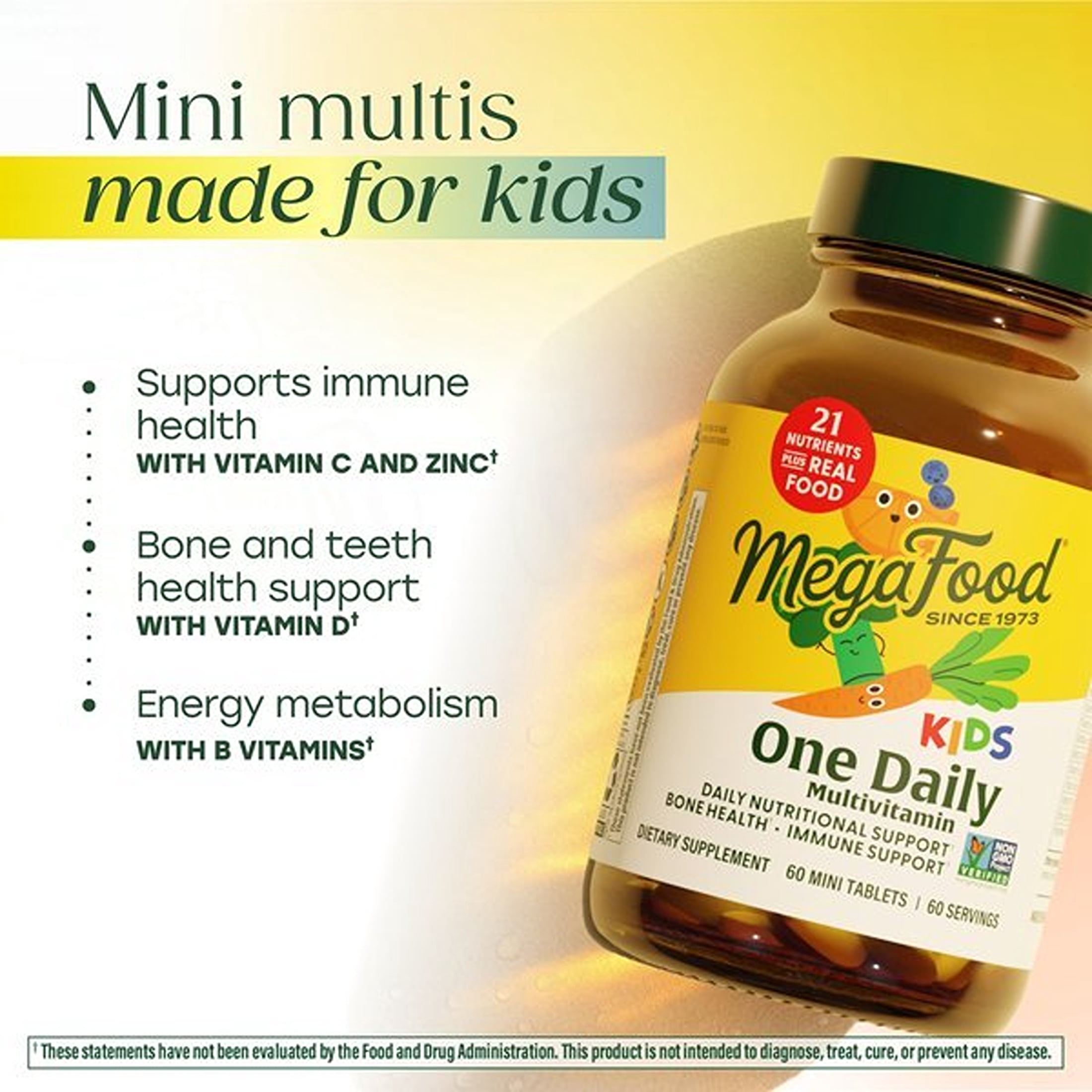 MegaFood Kids Mini Multivitamin - Zinc, Vitamins C, B & D3 - Vegetarian - 60 Servings