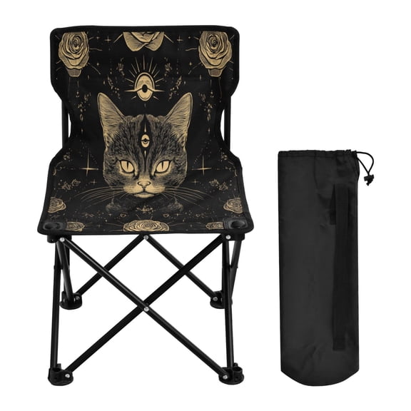 WOBOGO Cat with Third Eye Rose Pattern Camping Chair Convenient Four Corner Backrest Folding Stool Can Hold Up to 220lbs