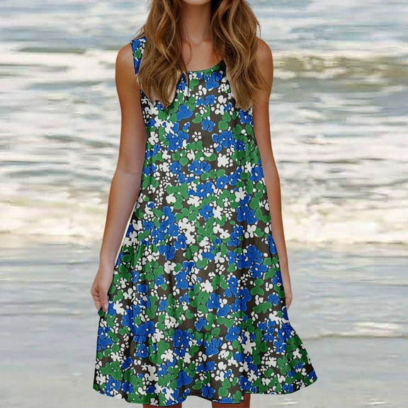 Jinhomg Womens Sleeveless Sundresses Flowy Swing Aline Midi Dress Casual Comfy Floral Print U Neck Tank Dresses Cute Vacation Beach Dress Blue XXXL