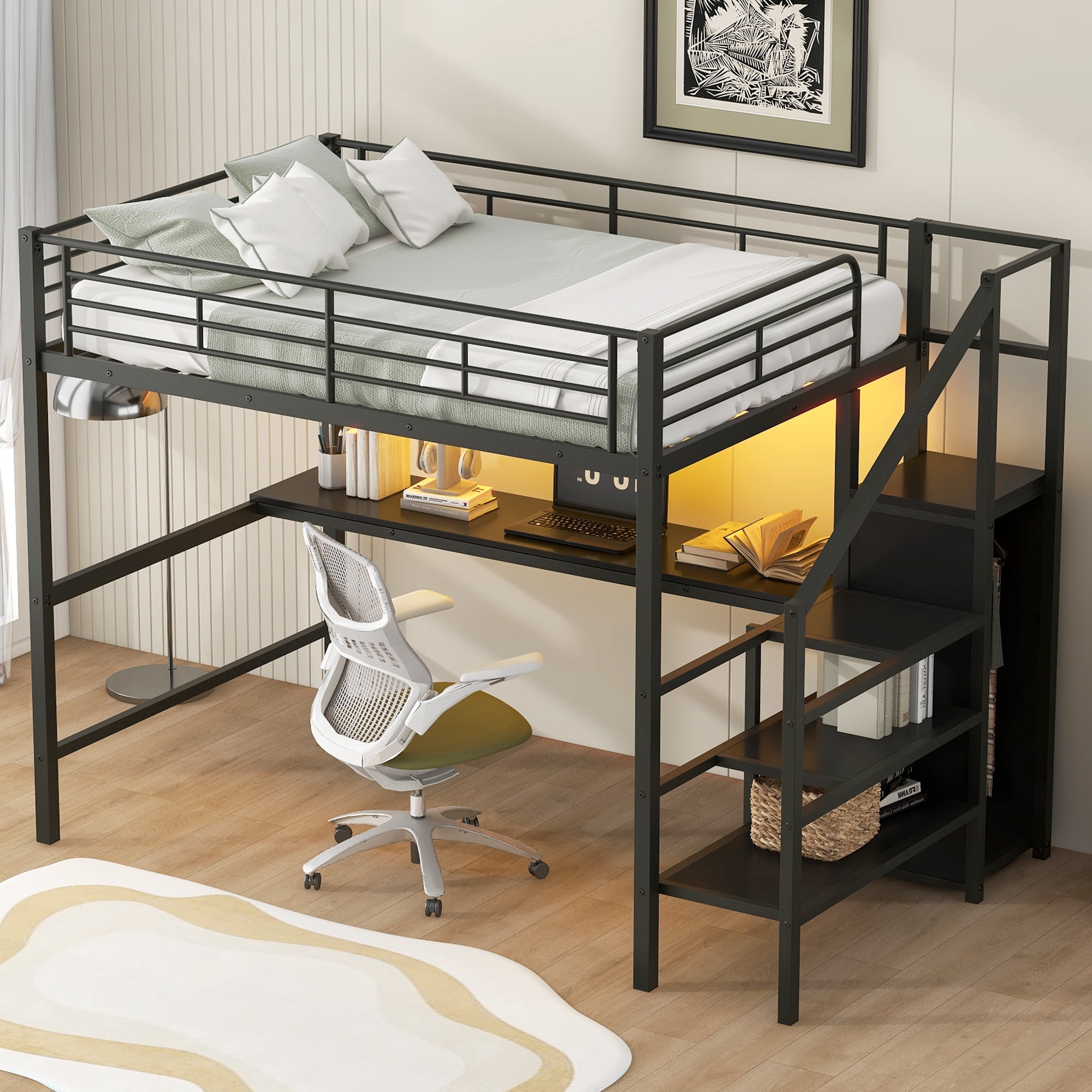 Euroco Metal Full Size Loft Bed with Desk and LED Light, Storage Staircase and Open Wardrobe, Black