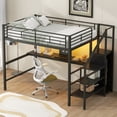 thumbnail image 3 of EUROCO Modern Metal Full Size Loft Bed with Wardrobe, Shelf and Desk with LED Light, Storage Staircase for Kids Teens, Black, 3 of 14