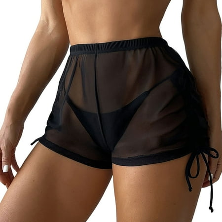 2023 Mesh High Waist Swimwear Pants Women s Drawstring Bikini Triangle Swimming Panty Bathing Suits Solid Swim Trunks Size M