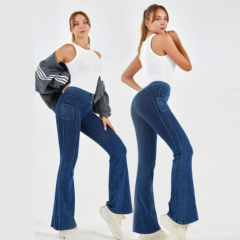 FLMEI Women Denim Pants Flare Jeans Bell Bottom Jeans Elastic