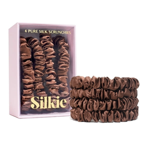 SILKIE x4 Set - Forget Satin - 100% Pure Mulberry Silk Brown Skinny Scrunchies Travel Pouch Everyday Hair Ties Elastics Hair Care Ponytail Holder No Damage (Praline)