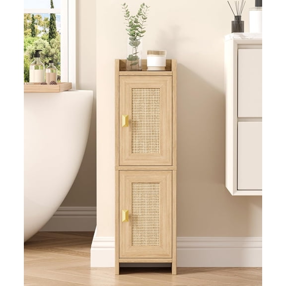 Rattan Small Bathroom Cabinet with 2 Doors, Narrow Toilet Paper Storage Cabinet, Bathroom Organizer for Small Spaces, Wooden Slim Corner Floor Unit with Adjustable Shelves, Natural Oak