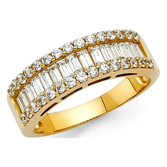 14k Yellow Gold CZ Wide Wedding Band Anniversary Baguette & Round CZ Ring Bridal CZ Band Solid Size 7