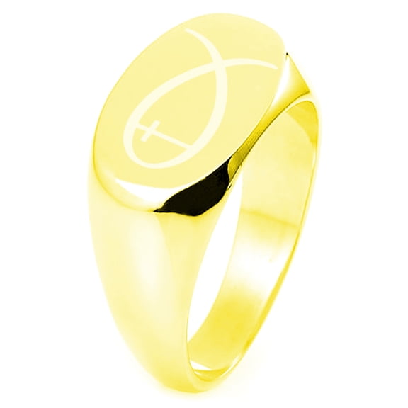 Gold Plated Sterling Silver Fish With Jesus Ichthus Cross Engraved Oval Flat Top Polished Ring