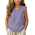 thumbnail image 4 of YunPes Girls Tank Tops Solid Color Cotton Linen Sleeveless Tops T Shirt Ruffle Fly Sleeve Kids Crewneck Casual Tees Summer Clothes, 4 of 4