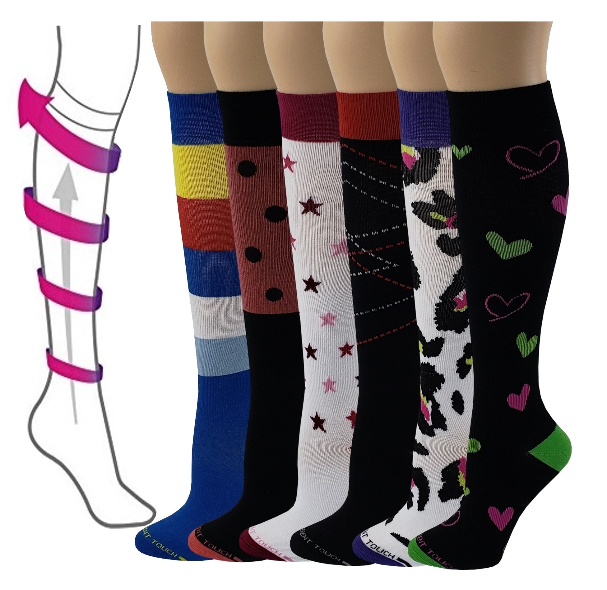 6 Pairs Pack Women Travelers, Anti-Fatigue, Graduated Compression Knee High Socks