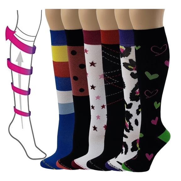 6 Pairs Pack Women Travelers, Anti-Fatigue, Graduated Compression Knee High Socks