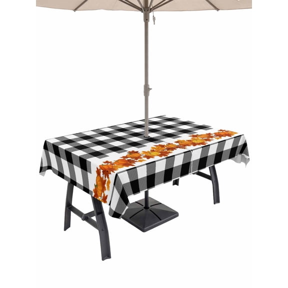 Outdoor Tablecloth with Umbrella Hole and Zipper, Fall Rectangle Table Cloth 60x84 Inch Waterproof Tablecloth, Thanksgiving Orange Pumpkin Maple Leaves Checkered Picnic Table Cover for Patio Camping