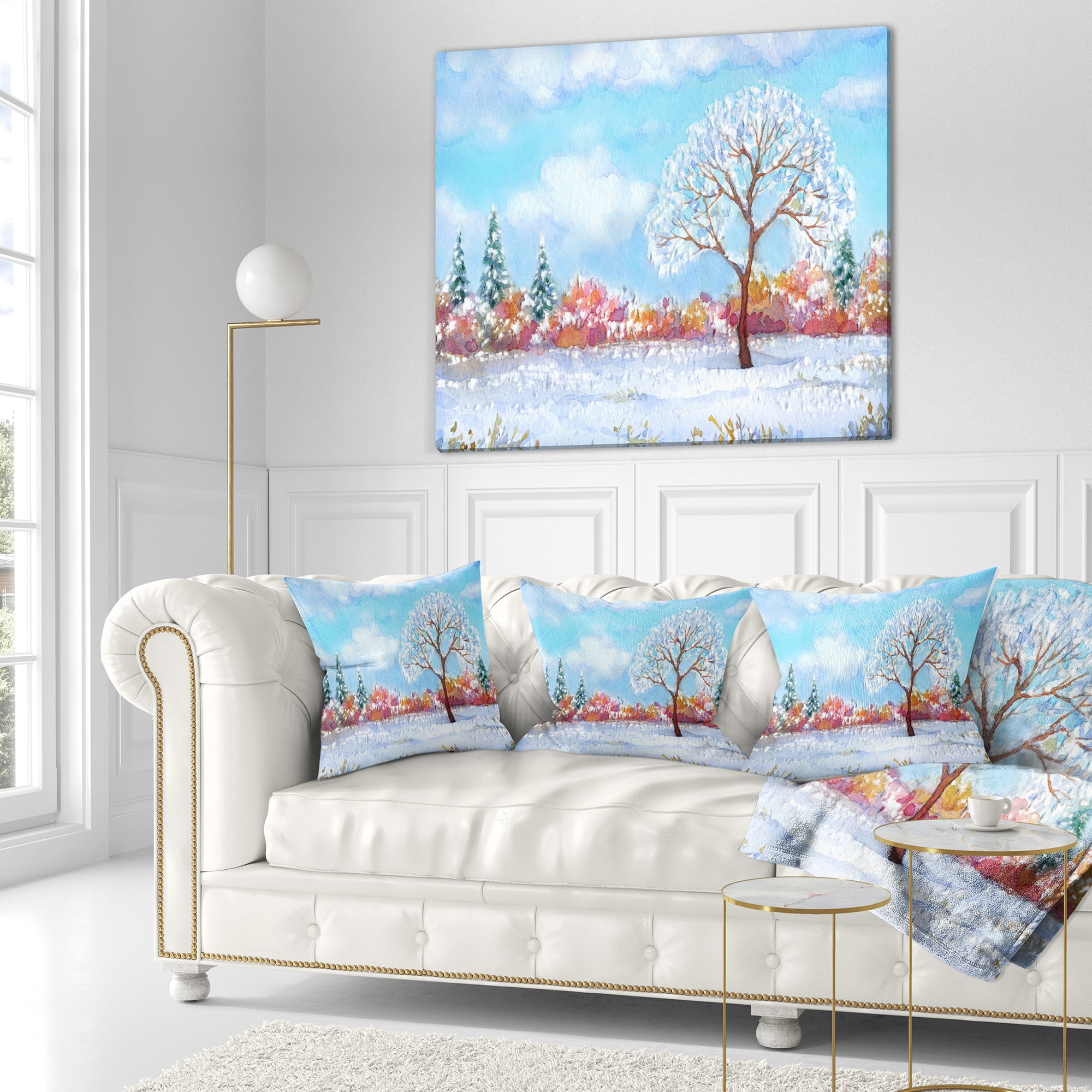 Designart Tree in Winter - Watercolor Painting Landscape Printed Throw Pillow - 16x16