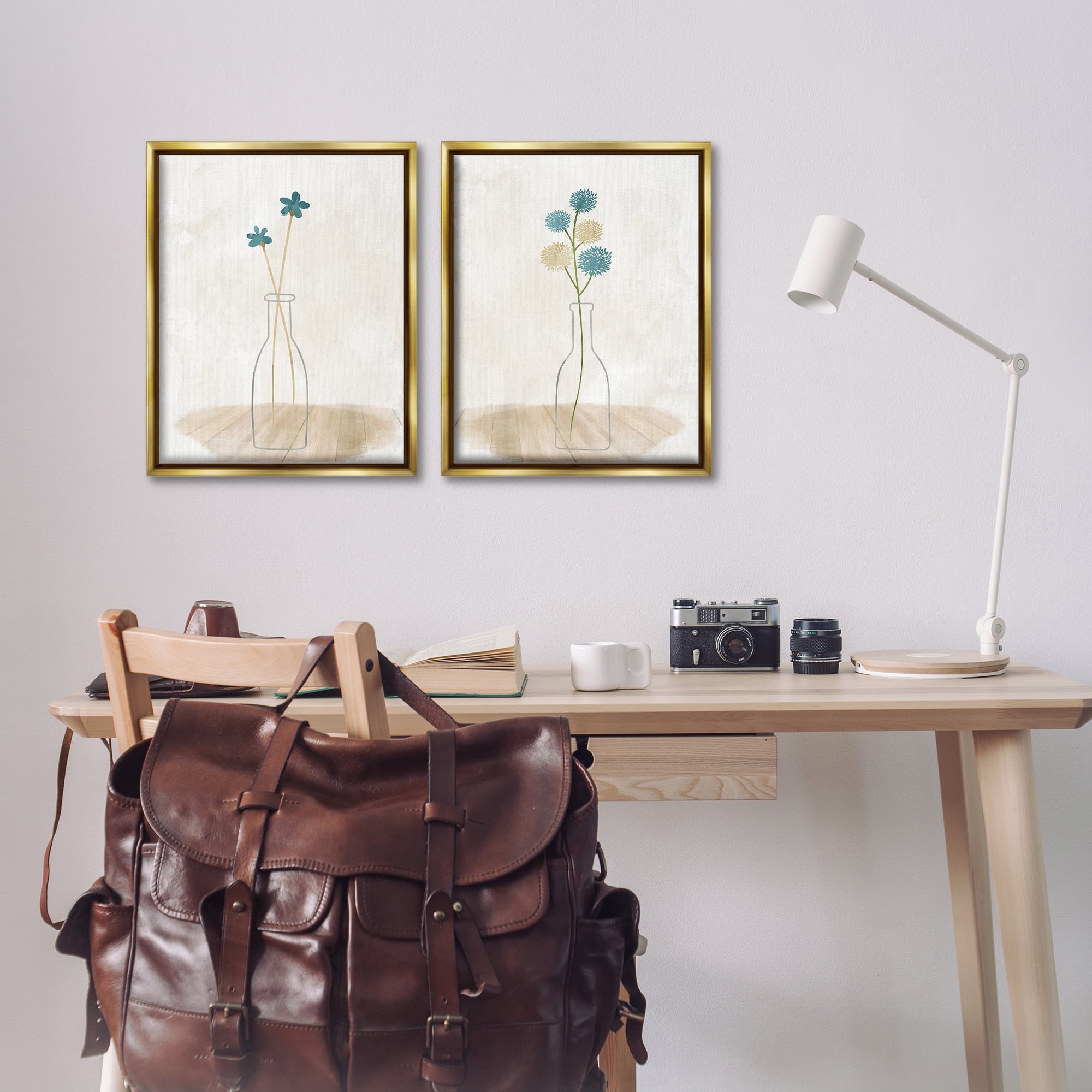 Stupell Industries Simple Flower Sprigs Clear Vase Plants & Flowers Painting Gold Floater Framed Canvas Art Print Wall Art, 17 x 21, Set of 2