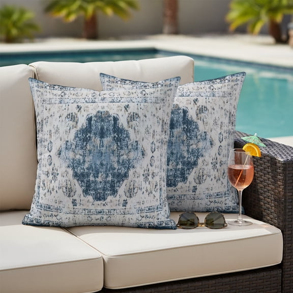 Blue Grey Boho Outdoor Pillow Covers 26x26 Inch Throw Pillow Covers Set of 2 Waterproof Decorative Pillow Cases Vintage Shabby Traditional Classic Cushion Covers for Patio Furniture Garden Couch Sofa