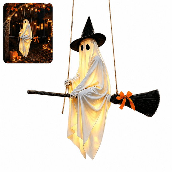 Outdoor Halloween Decoration Hanging Ghost , 5FT Large Hanging Flying Ghost on Broomstick with Witch Hat Lighted , 39.37 in, Decor for Porch Yard Tree