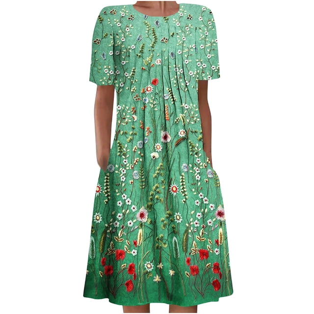 QIPOPIQ Robes pour Femmes Robe Évasée à Étages Manches Courtes Robes Décontractées Col Rond Robe Midi d'Été Robes Pliantes à Imprimé Offres 2023