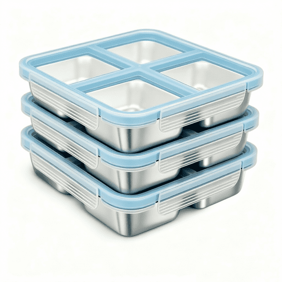 3 Pack Stainless Steel Bento Box, 4 Compartment Leakproof Snack Containers