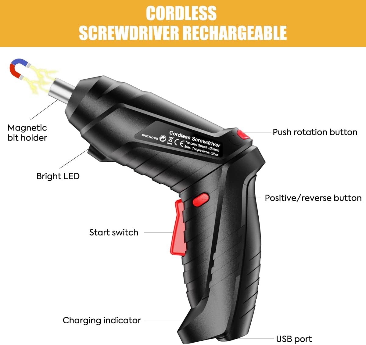 BN-LINK 45pc Cordless Electric Screwdriver, USB Rechargeable photo 6