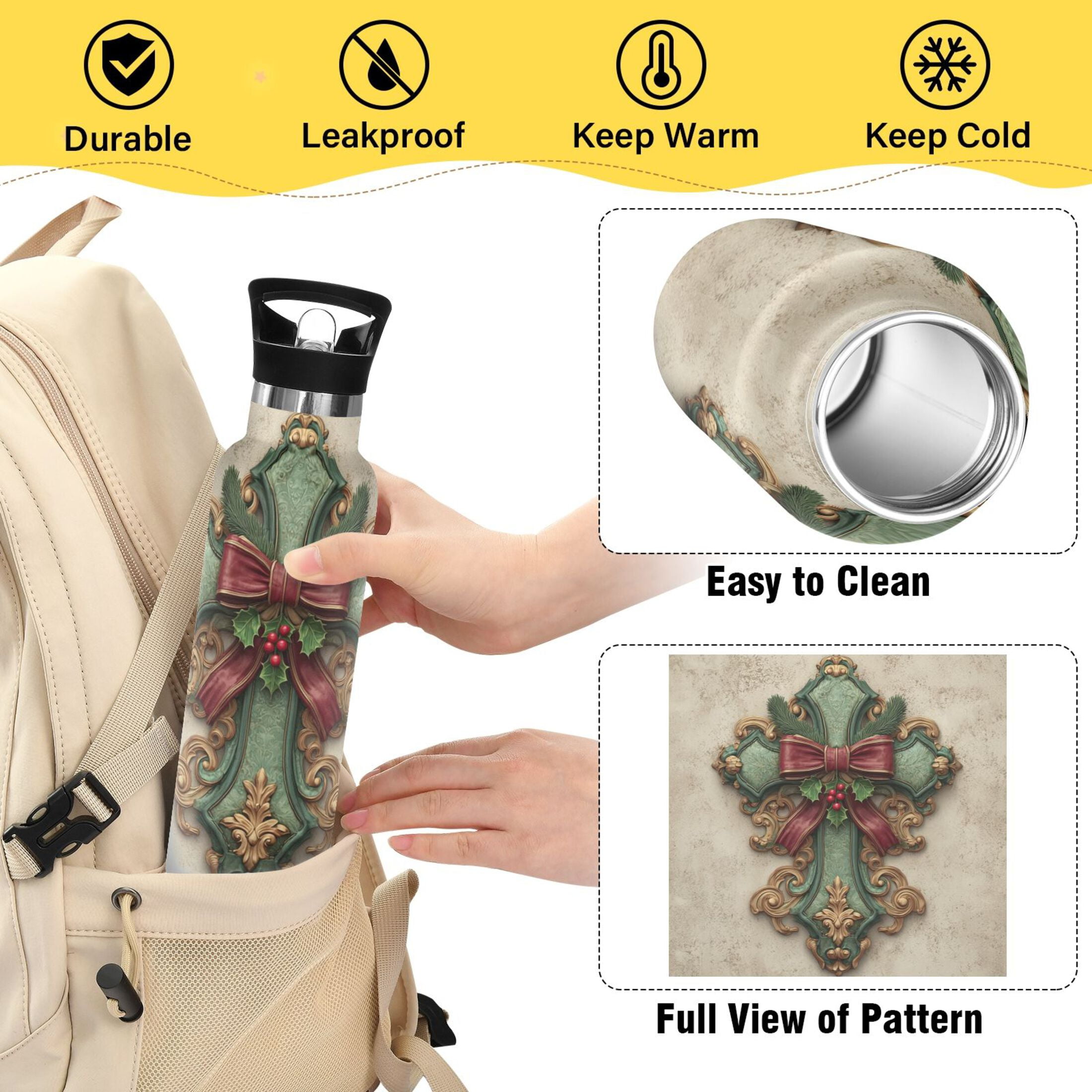 600ML Stainless Steel Insulated Cup Sports Water Bottle Portable Thermos Cup Water Glasses Insulated Tumblers Convenient and Durable Christmas Green Cross Cartoon