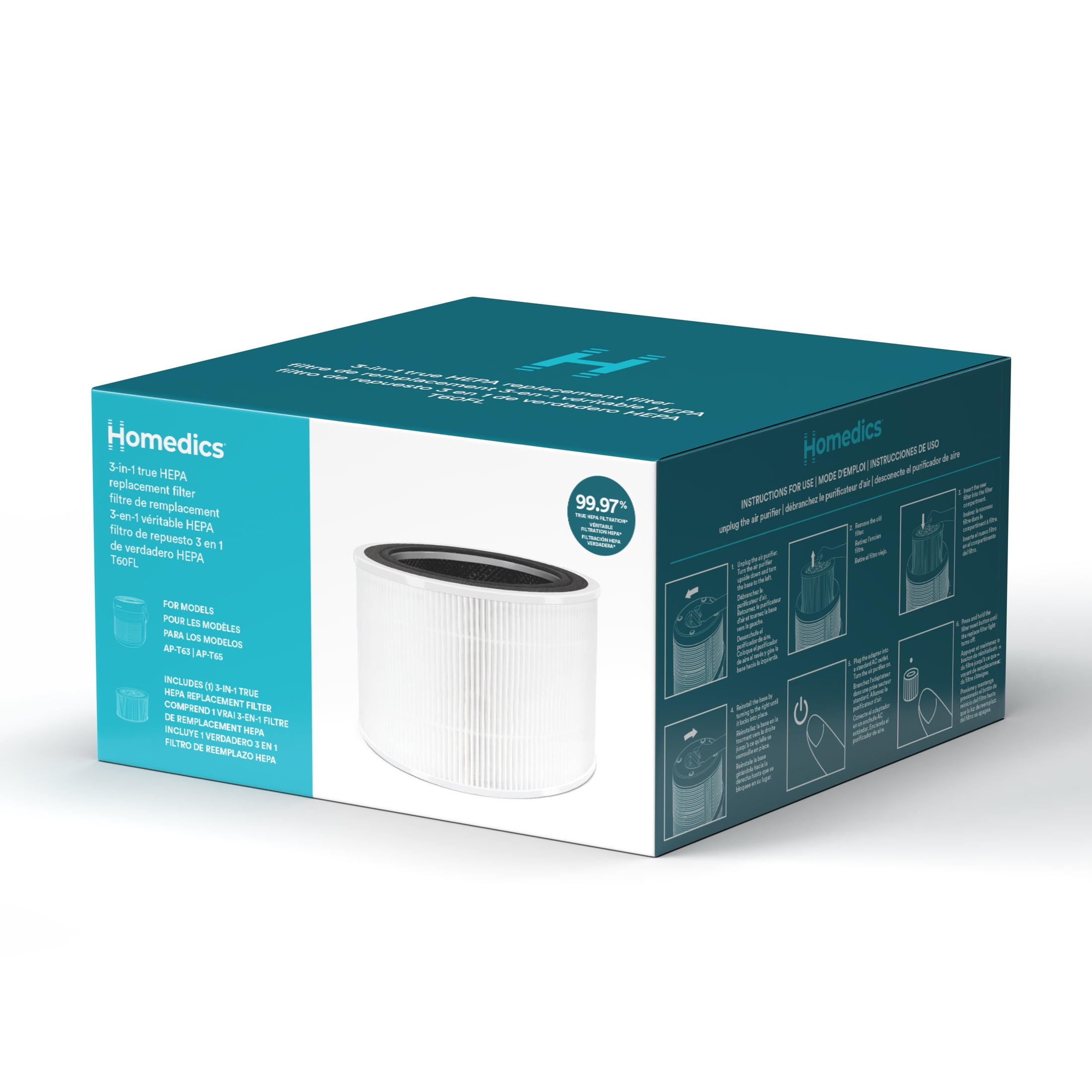 Homedics 3-in-1 True HEPA Replacement, Air Purifier Filter, Activated Carbon , Air Cleaner, for AP-T65-GY & AP-T63 Purifier