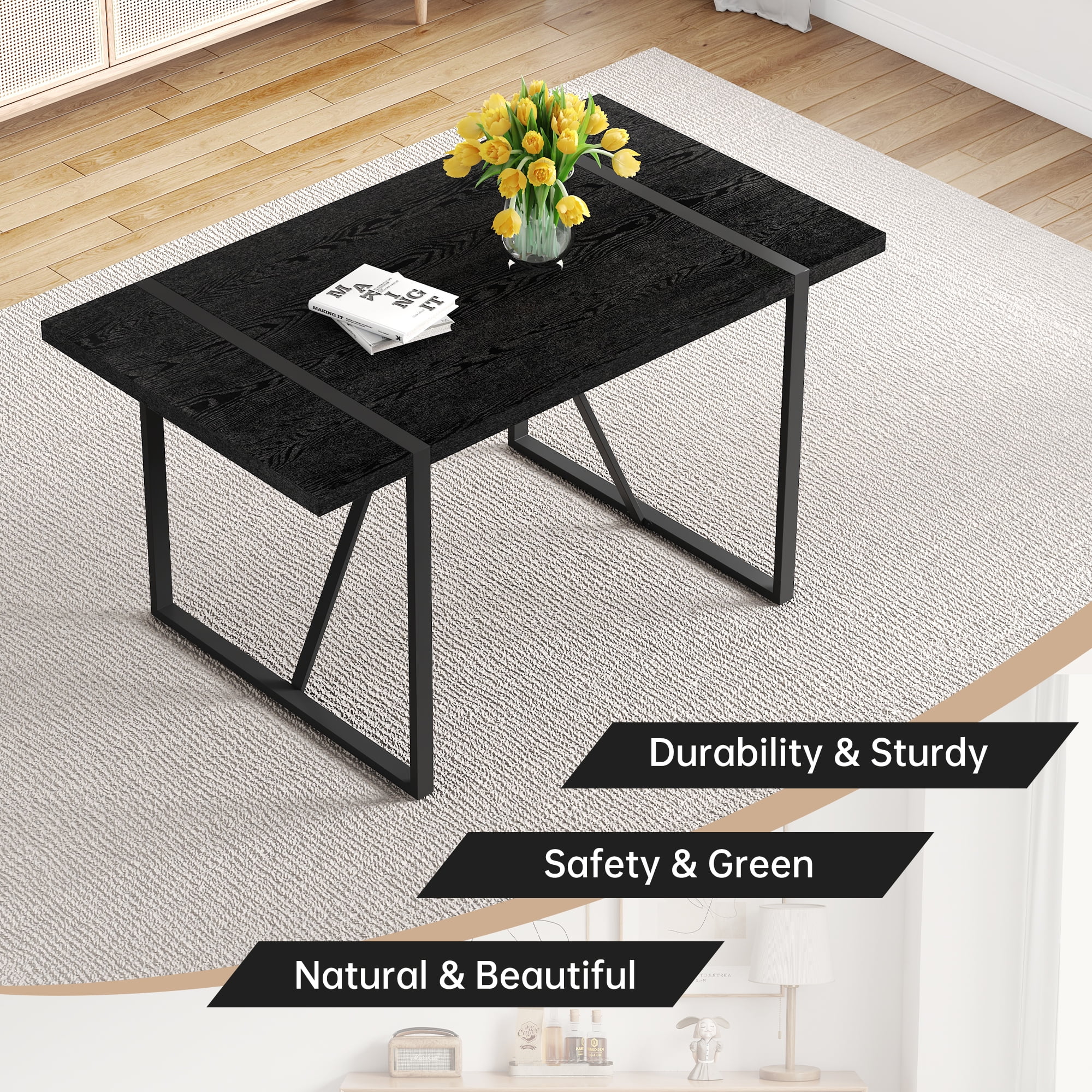 Mintazer 55 Inch Modern Black Wood Grain Rectangular Dining Table with Sturdy Metal Frame, Minimalist Kitchen Table for 4-6 People, Black