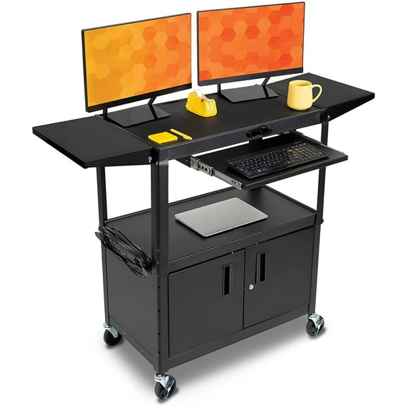 Rolling AV Cart with Lockable Cabinet,Height Adjustable 24-42",Non-Slip Mat,100 lbs Capacity,Mobile Workstation with Additional Storage