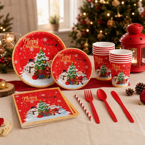 Christmas Party Table Set, Festive Disposable Dinnerware Kit Including Cups Plates Napkins Straws And Cutlery, Holiday Gathering Supplies For Home Celebration And Seasonal Events
