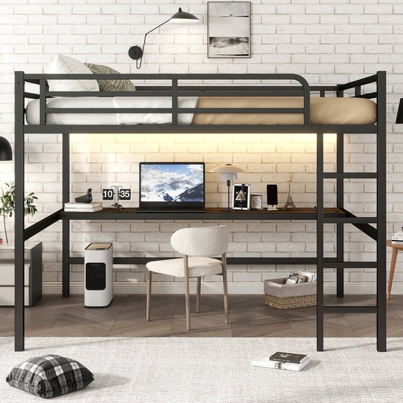 Space Saving Metal Queen Size Loft Bed with Desk, Power Outlet and LED Lights, Sturdy Black Frame for Bedroom, 81.9L x 63W x 68.9H