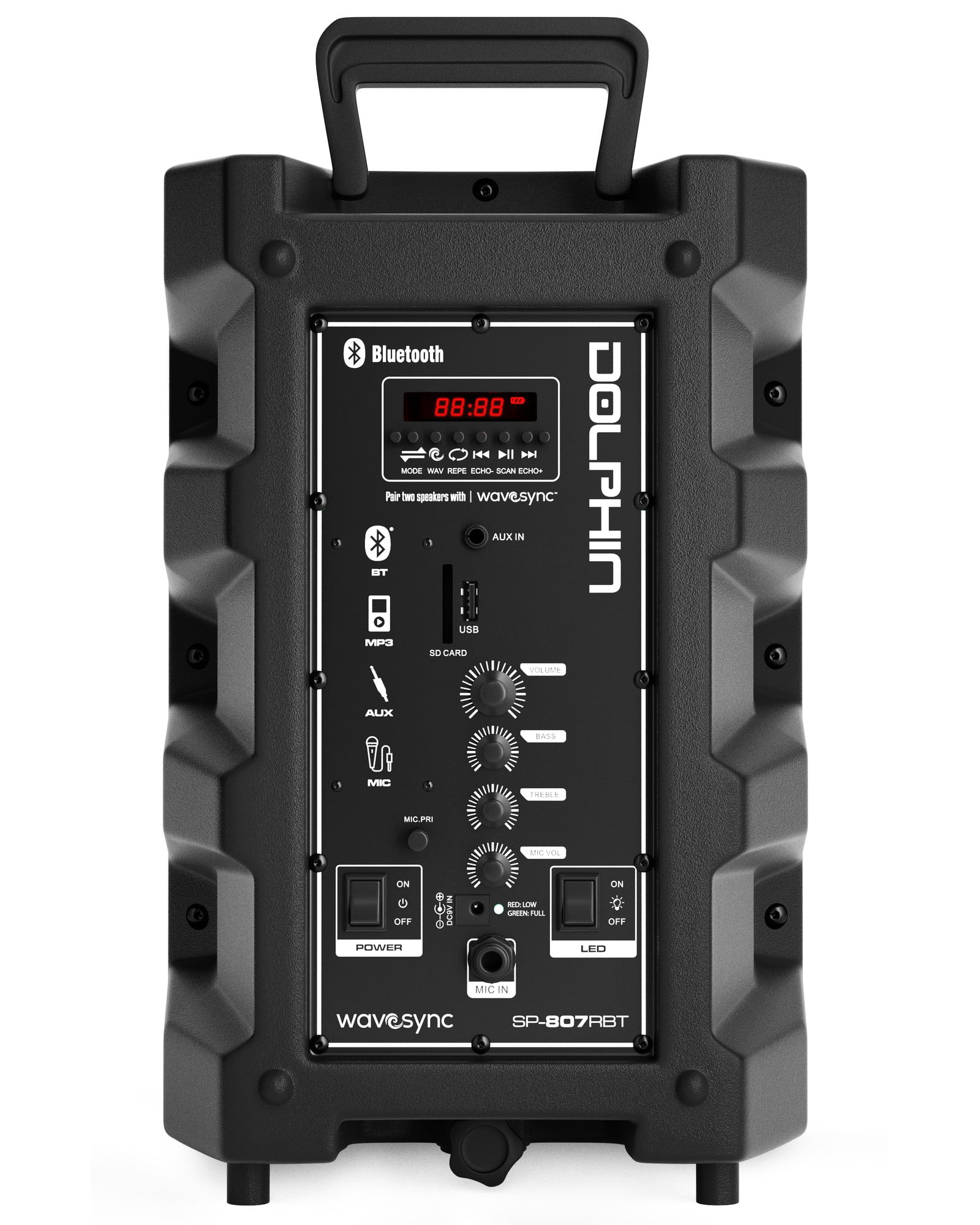 Dolphin 2x Dual 8" Party Speakers with 2x LED Speaker Stands Bundle – Bluetooth, Built-in Rechargeable Battery, Wired Microphones, and Adjustable LED Stands for Events, Karaoke, and Outdoor Use
