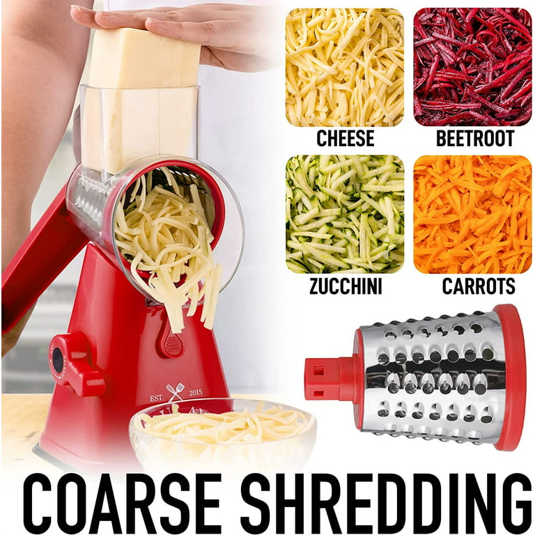 Zulay Kitchen Rotary Cheese Grater With Upgraded, Reinforced Suction -  Round Cheese Shredder Grater With 3 Replaceable Stainless Steel Drum Blades  - Easy To Use & Clean - Vegetable Slicer & Nut Grinder (Black)