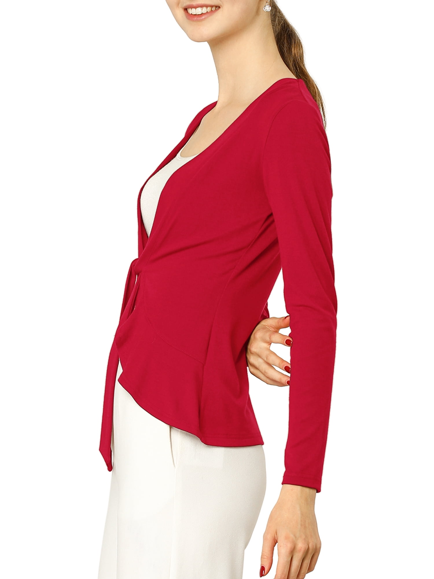 DARING DIVA Women's Tie Front Ruffled Hem Crop Knit Cardigan XS Red
