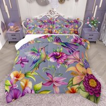 jejeloiu Cute Cartoon Hummingbird Bedding Comforter Set,Rustic Floral Twin Comforter Sets,Purple Botanical Flower Bedding Set For Girls Kids,Luxury Bedroom Decor,2pcs