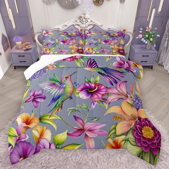 jejeloiu Cute Cartoon Hummingbird Bedding Comforter Set,Rustic Floral Twin Comforter Sets,Purple Botanical Flower Bedding Set For Girls Kids,Luxury Bedroom Decor,2pcs