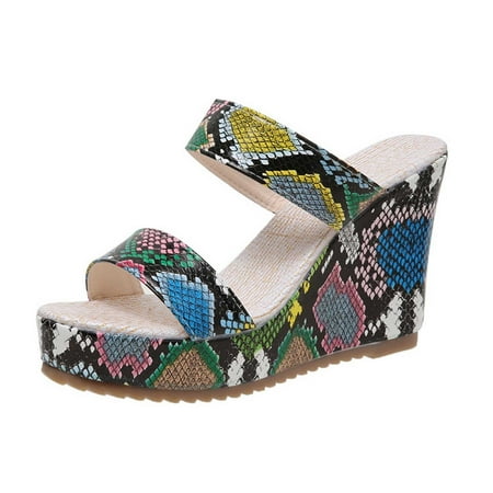 

Women s Wedge Platform Slides Slip on Sandals Open Toe Funny Snake Print Dress Summer Slippers Shoes