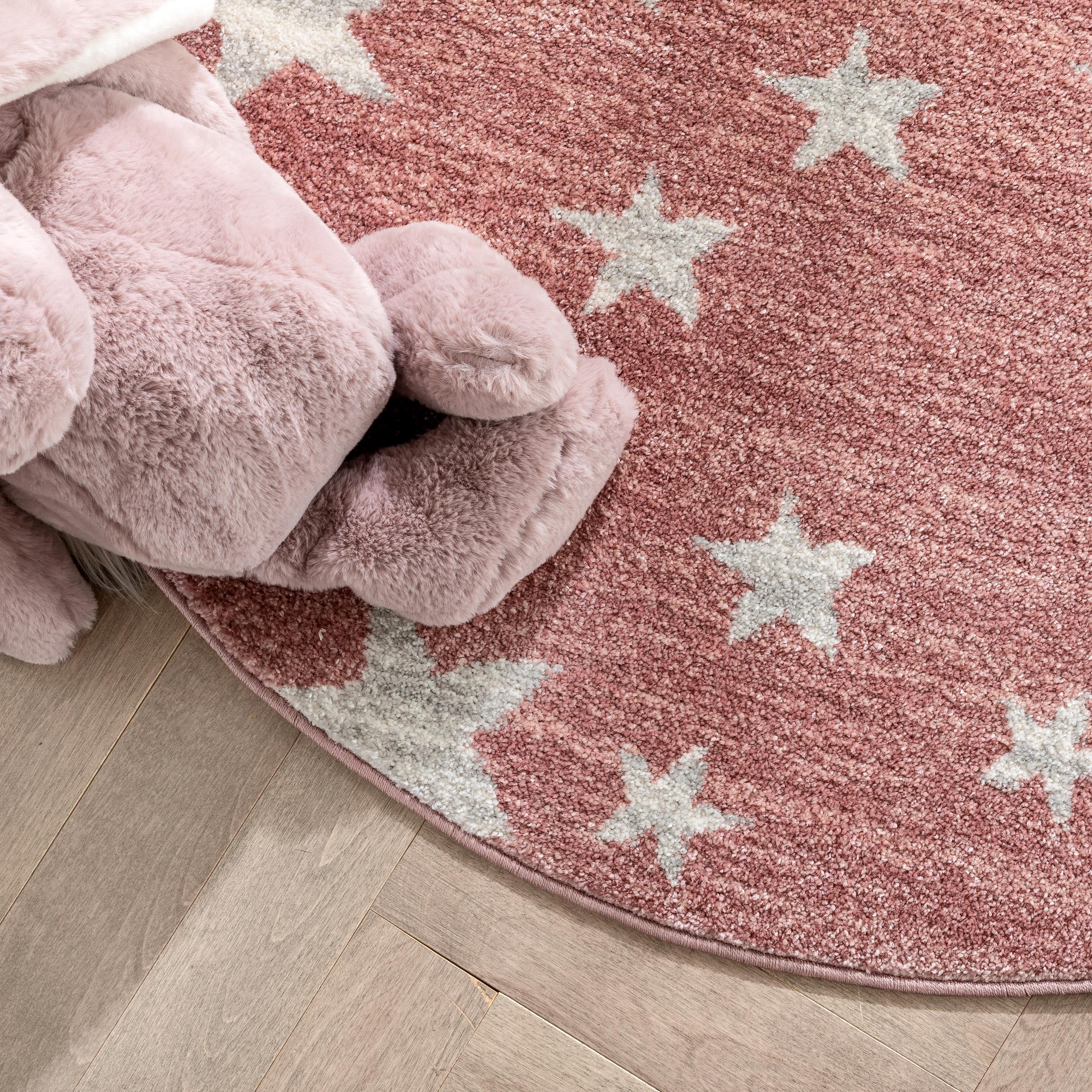 Well Woven Kennedy Stars Modern Abstract Pink 4' Round Kids Area Rug