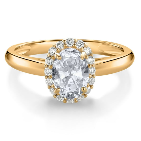 Gem Stone King 10K Yellow Gold White Topaz and White Lab Grown Diamond Halo Engagement Ring for Women (1.13 Cttw, Gemstone November Birthstone, Oval 7X5MM, Size 5)