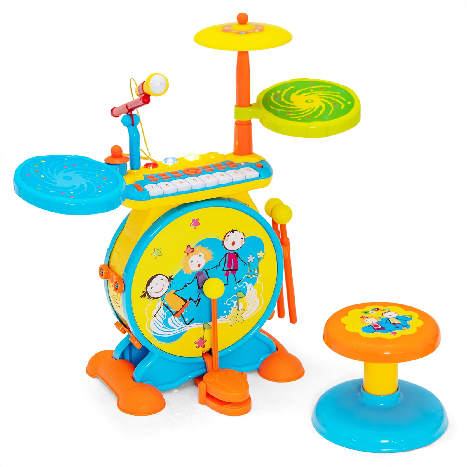Infans 2in1 Kids Electronic Drum Kit Music Instrument Toy w/ Keyboard Microphone Blue