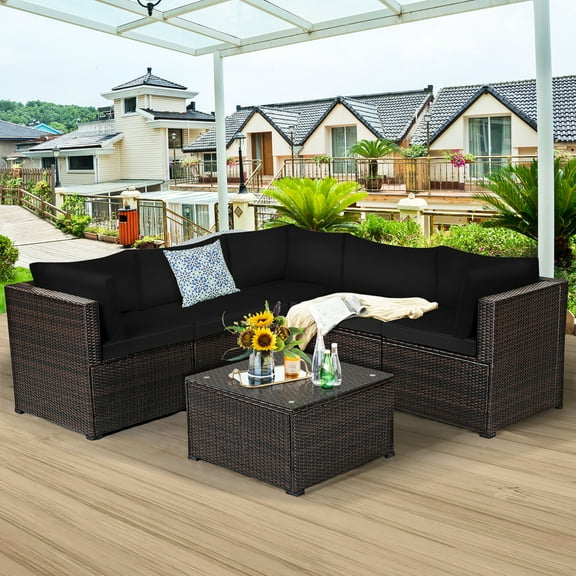 Costway  6PCS Patio Rattan Furniture Set Sectional Cushioned Sofa Deck Black