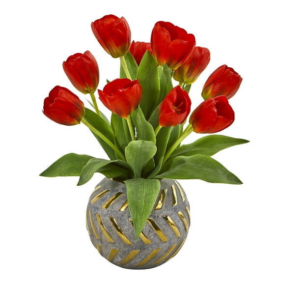 Nearly Natural Tulip Artificial Arrangement in Decorative Vase, Red