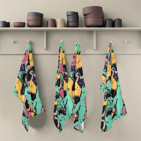 

SKYSONIC 4 Pack Angry Shark Kitchen Towels Soft Highly Absorbent Dish Towels Reusable Tea Towels Set 28 x 18 Inch