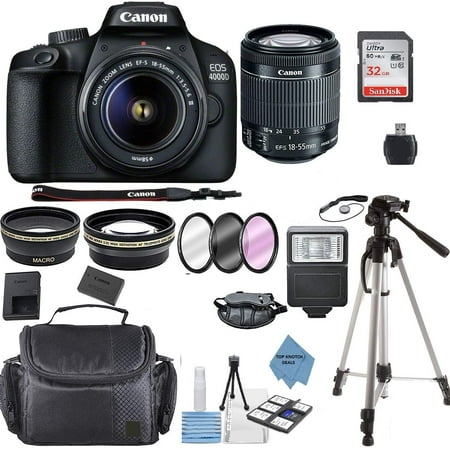 Canon EOS 4000D Digital SLR Camera w/ 18-55MM DC III Lens Kit (Black) with Accessory Bundle, Package Includes: SanDisk 32GB Card + DSLR Bag + 50’’ Tripod+TOPKNOTCH Deals Cloth(International Model)