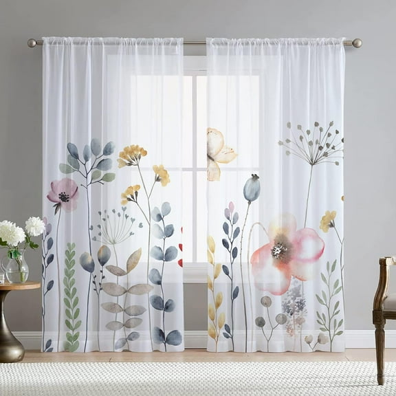 Natural Sheer Window Curtains Elegant Pink Flower Floral Spring Butterfly Printing Drapes Grommets Textured Farmhouse Window Curtain for Bedroom Living Room 2 Panels 54WX84H Inch