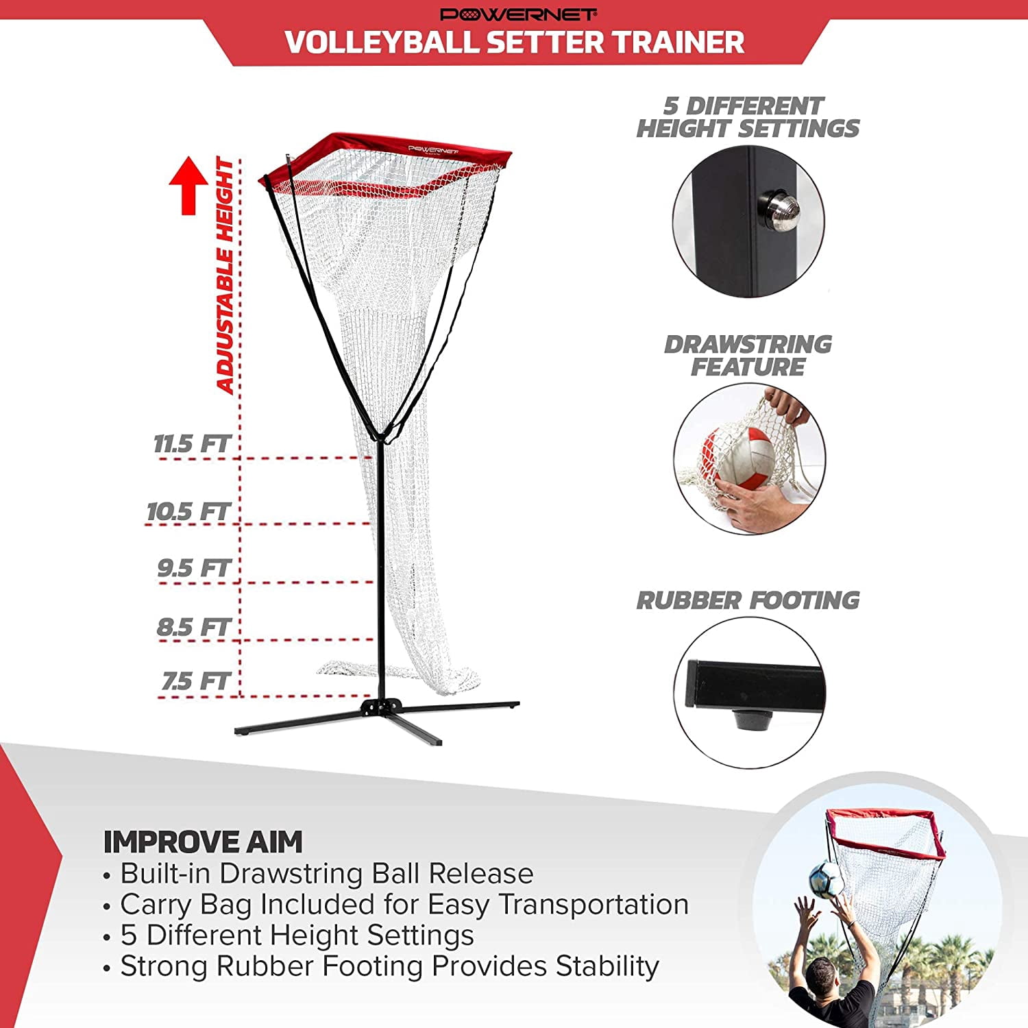 PowerNet Volleyball Setter Trainer Net | Adjustable Height | Great for Indoor and Outdoor Practice | Built-In Drawstring Ball Release | Sturdy Rubber Footed Base