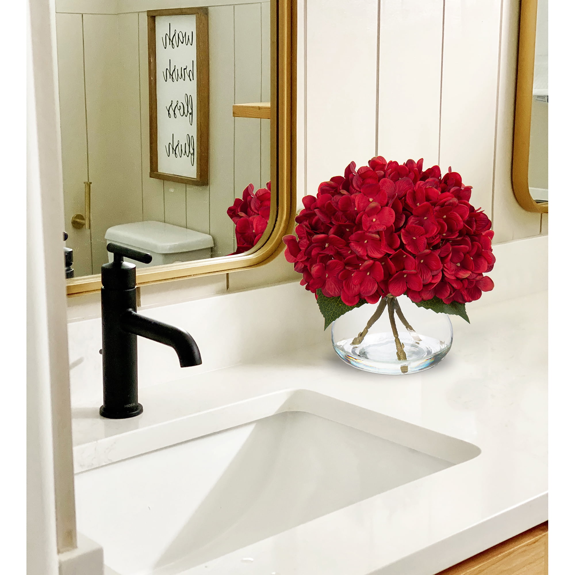 Hydrangea Artificial Flowers in Vase Red Silk Fake Flowers Arrangements with Glass Vase with Faux Water Faux Floral Bulk Bouquet for Home Office Wedding Table Centerpiece Decoration