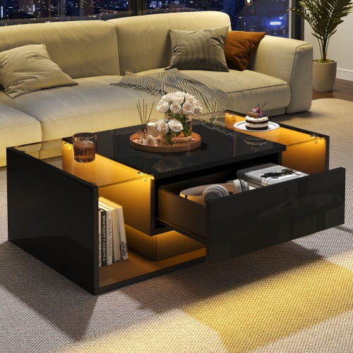 Taoruifang High Gloss Coffee Table with LED Lights & 1 Drawer – Black Glass Top, 39.3″