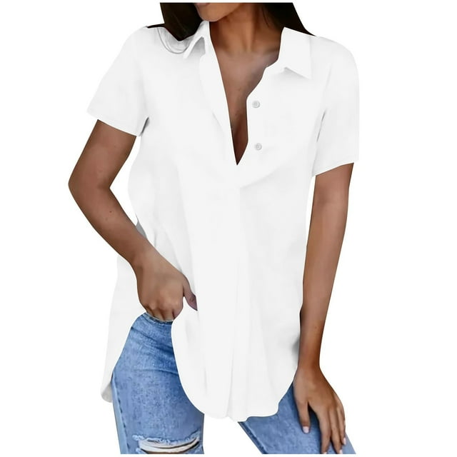 Birdeem Blouses pour Femmes Mode Décontractée Unie Col Rabattu Manches Courtes Bouton T-Shirt Haut Blouse