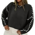thumbnail image 2 of Ladies' Color Blocking Loose Casual Round Neck Knitted Sweater Long Sleeved Sweater Top for Fall Winter Statement Looks,Black,L, 2 of 6