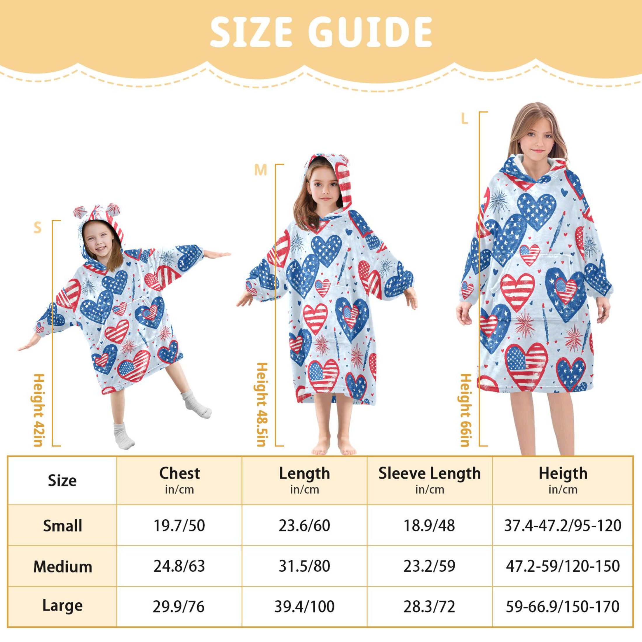 Dailycode Wearable Blanket Hoodie Oversized Sherpa Flannel Blankets with Pocket for 3-14 Year Old American Flag Heart