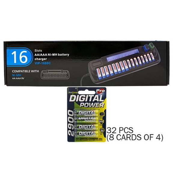 16 Bay AA / AAA LCD Battery Charger 32 AA 2900 mAh AccuPower NiMH Batteries
