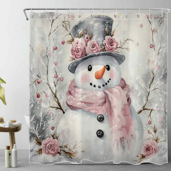 NEONWE Pink Christmas Snowman Shower Curtain Watercolor Flower Winter Forest Rustic Holiday Art Bathroom Shower Curtain Home Decor Polyester Waterproof Fabric with 12 Pack Plastic Hook 72" X 72"